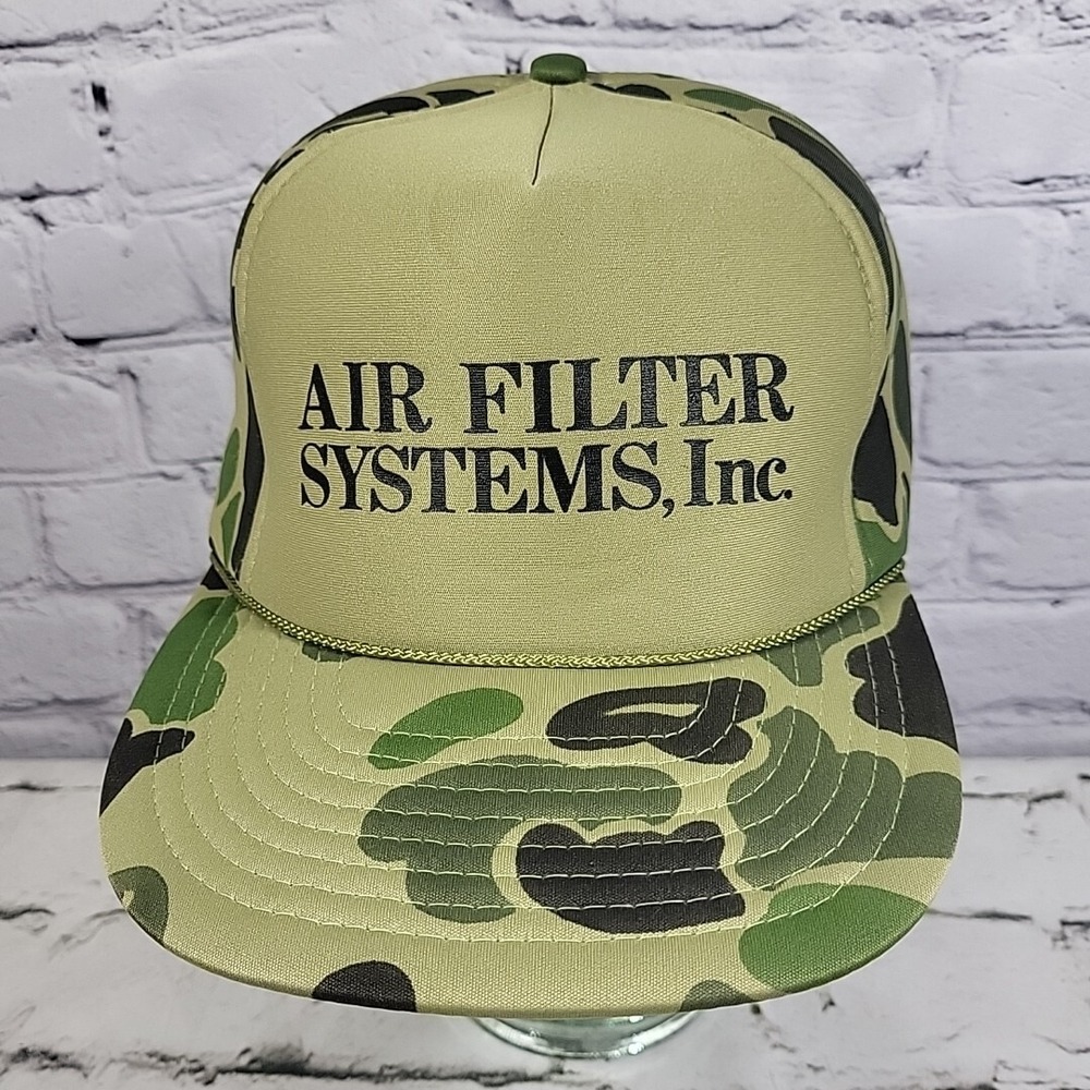 Vintage Camo Trucker Hat Air Filter Inc All Foam Green Snapback‎ Rope Nissin Cap